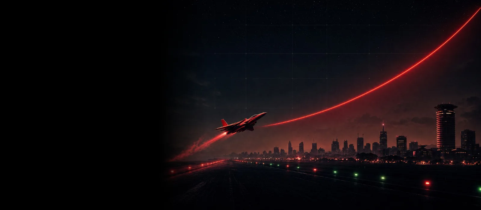 Red stylised plane taking off from a night runway toward the Nairobi skyline